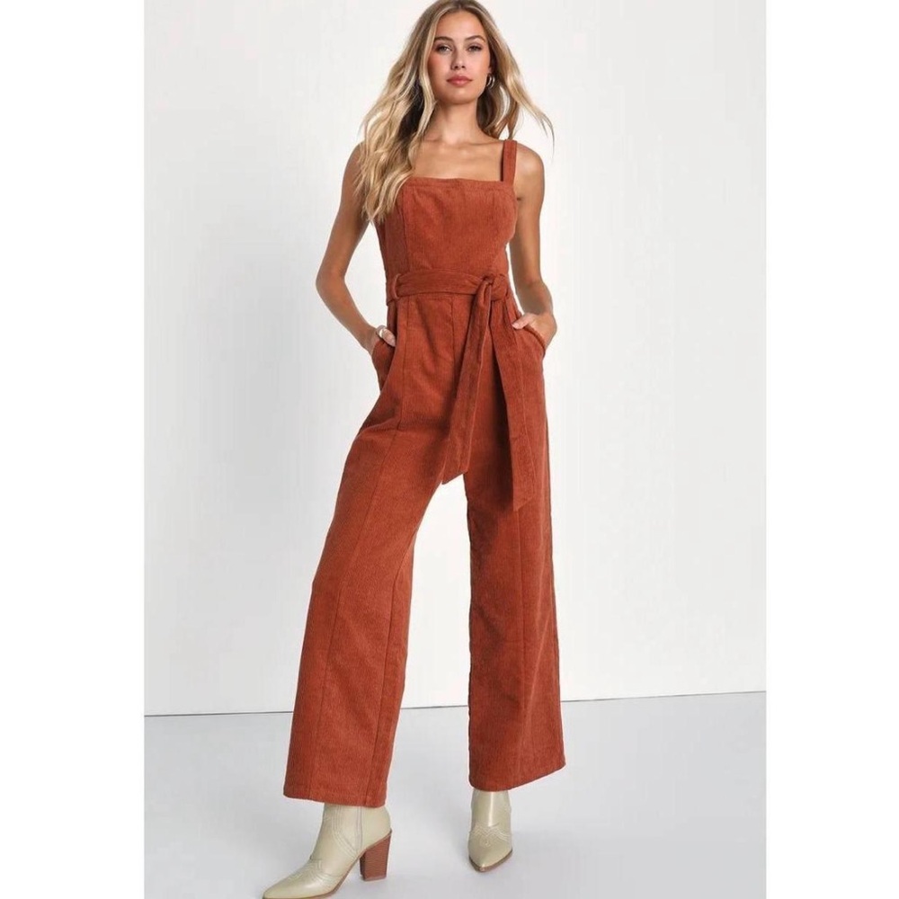 Rust Corduroy Wide-Leg Jumpsuit with Tie Waist